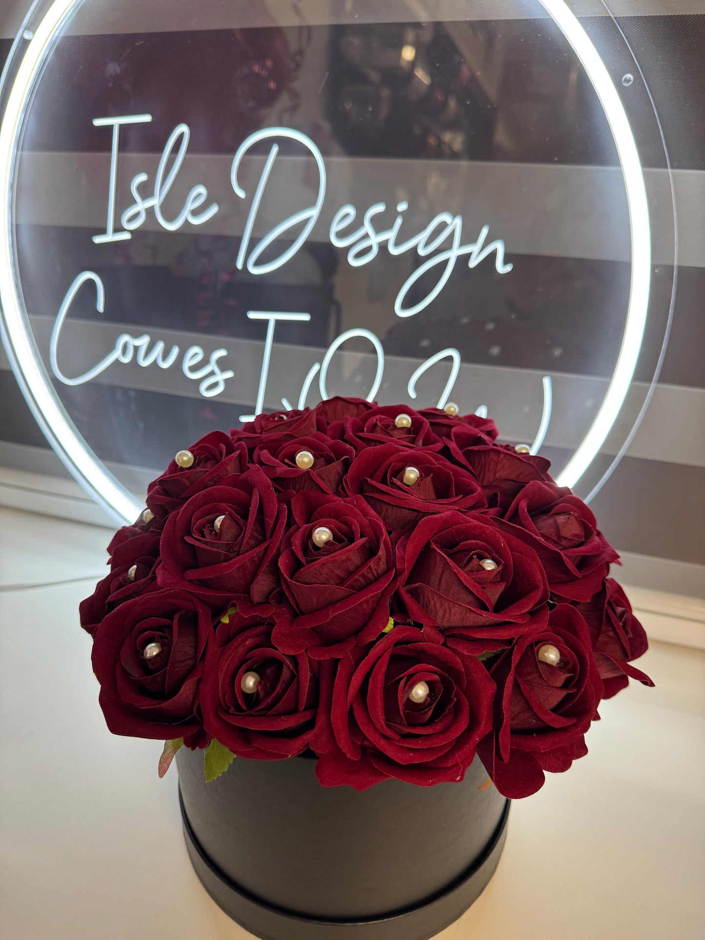 Artificial Dark Red Roses with Pearl Inserts in a Hat Box