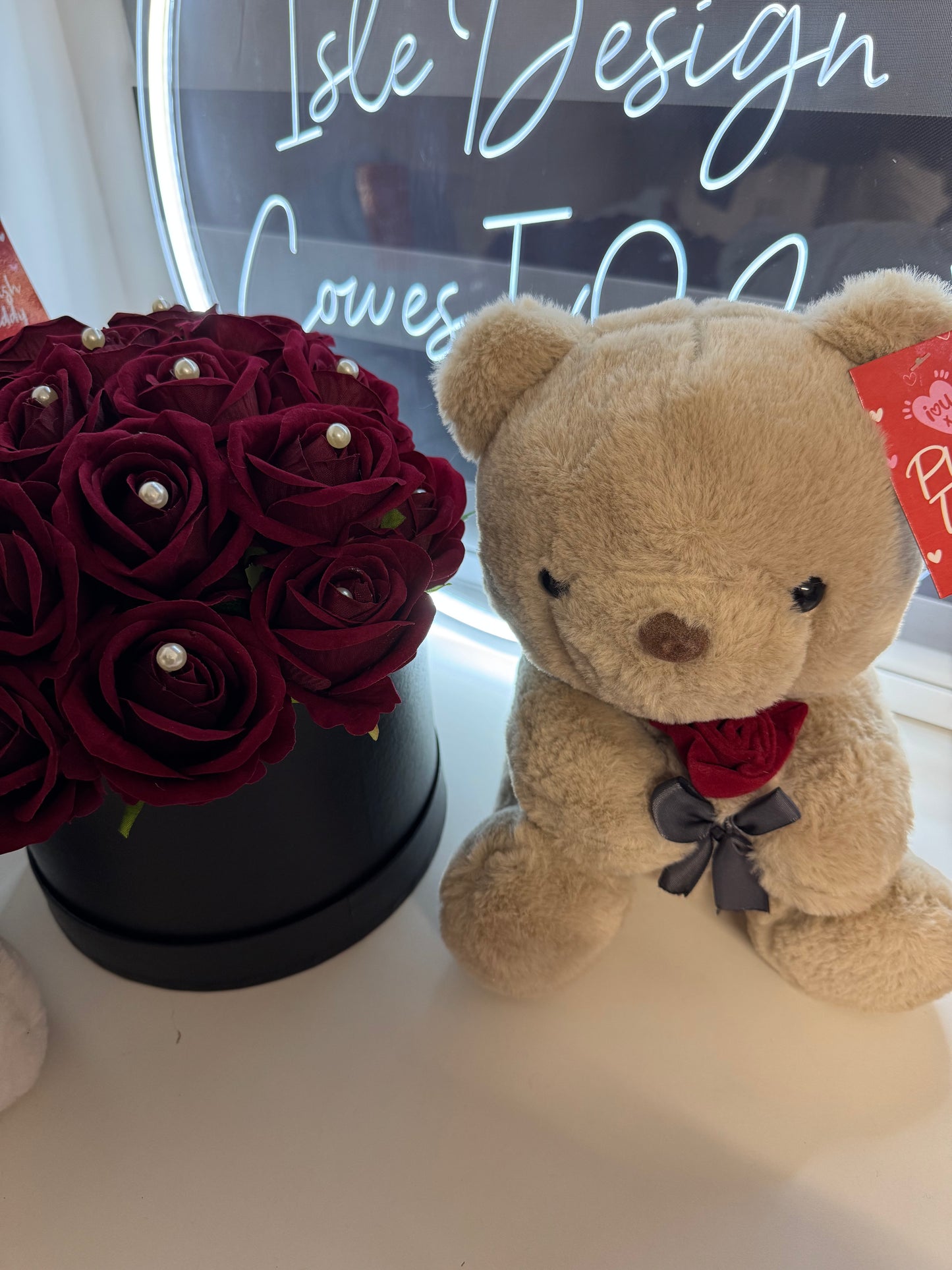 Artificial Dark Red Roses with Pearl Inserts in a Hat Box