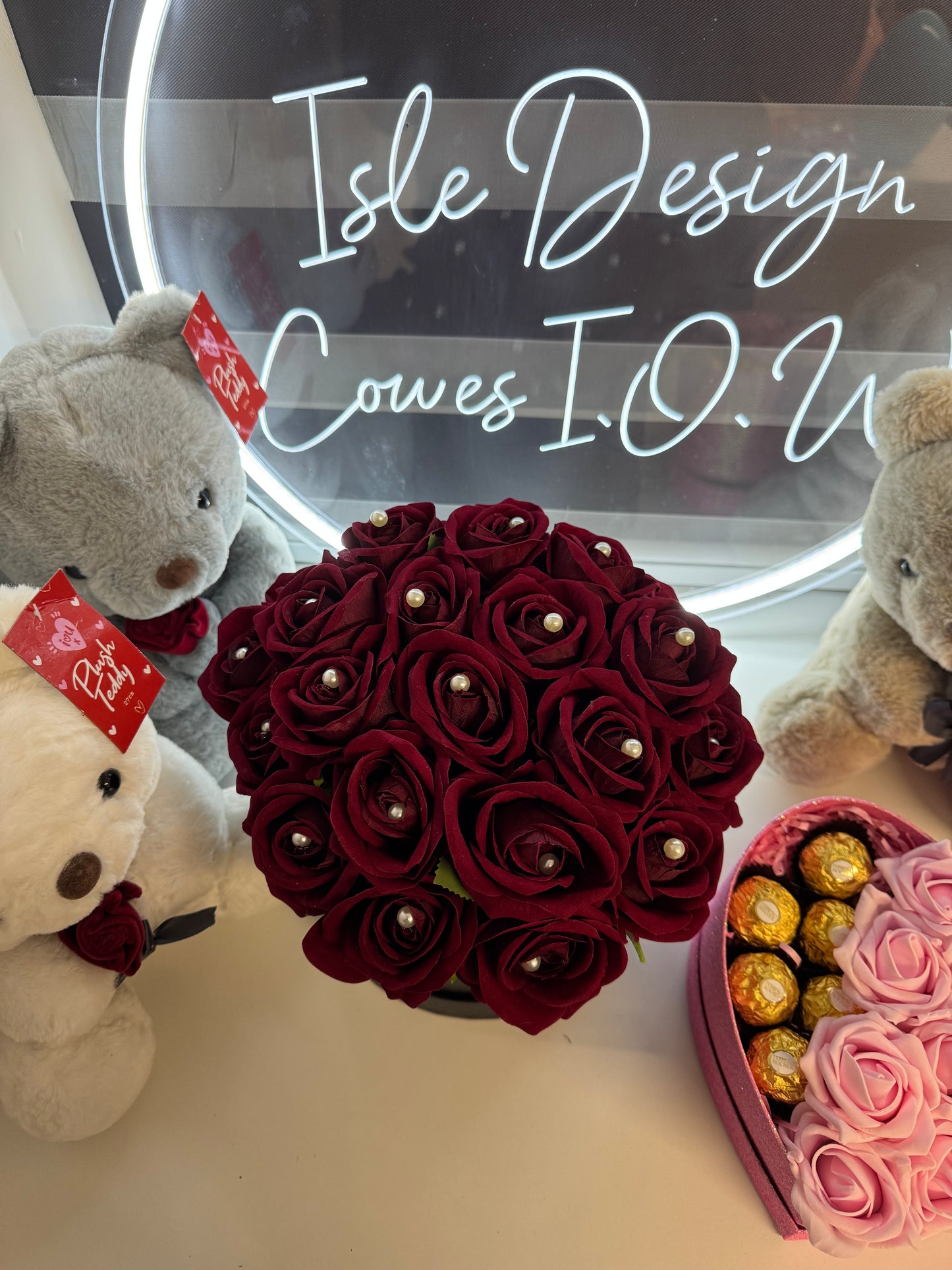 Artificial Dark Red Roses with Pearl Inserts in a Hat Box