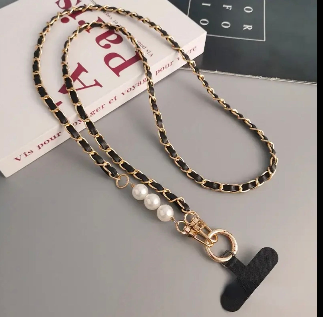 Elegant Pearl Accent PU Leather Phone Lanyard