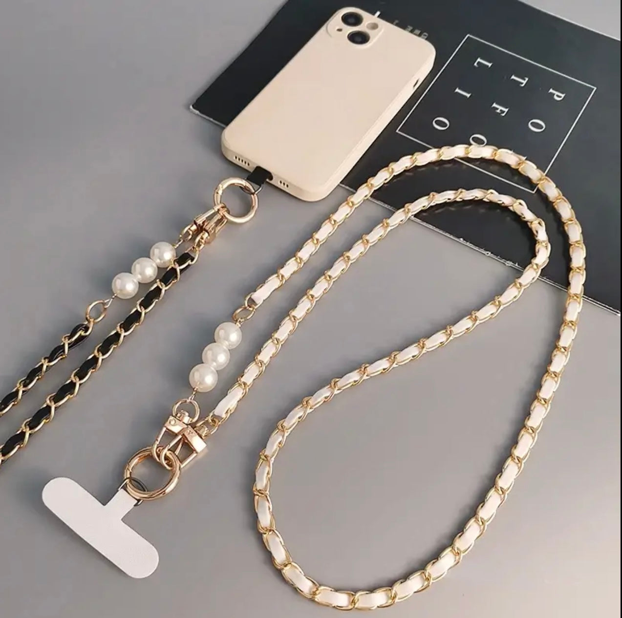 Elegant Pearl Accent PU Leather Phone Lanyard
