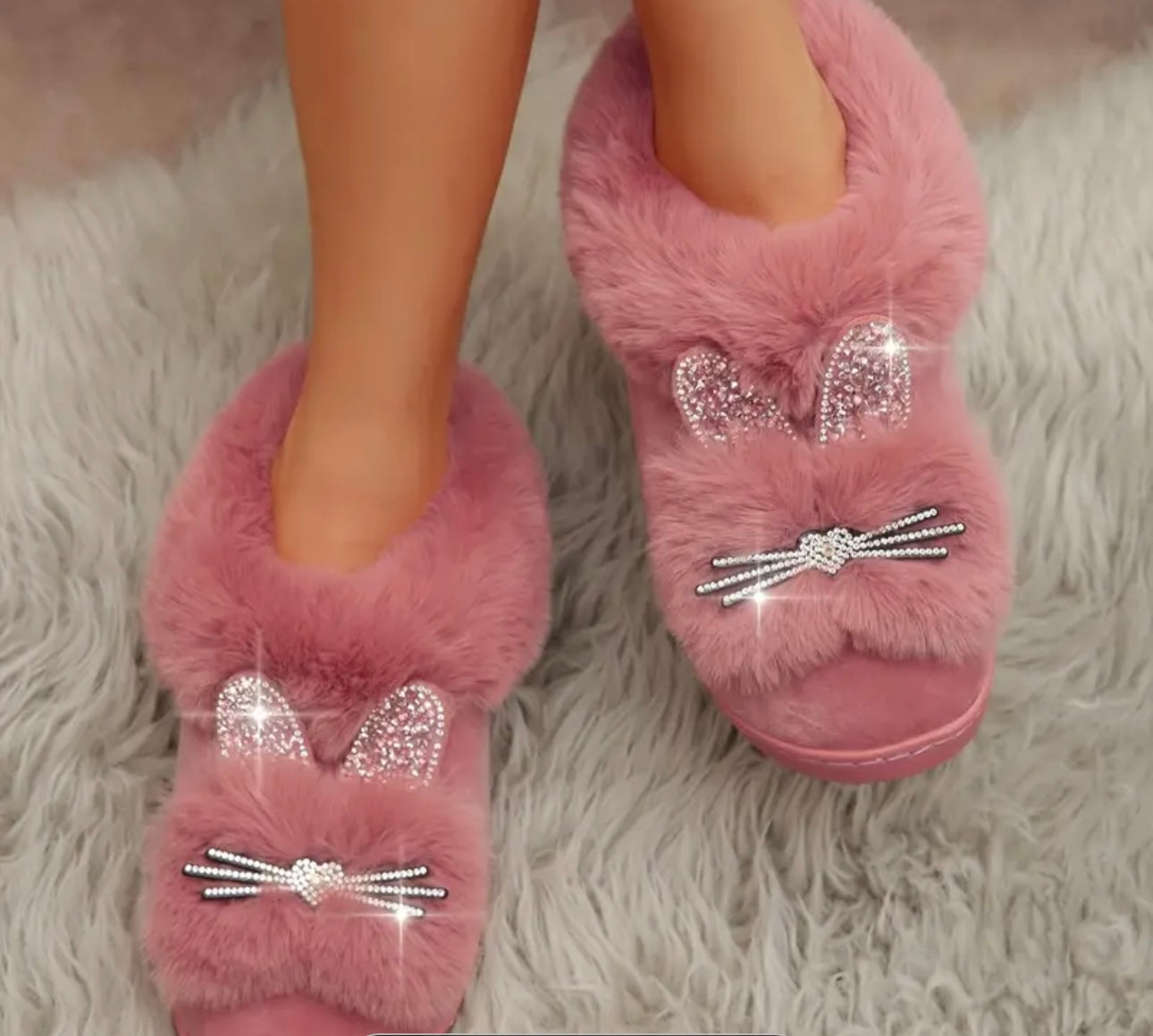 Rhinestone Plush Cat Slippers