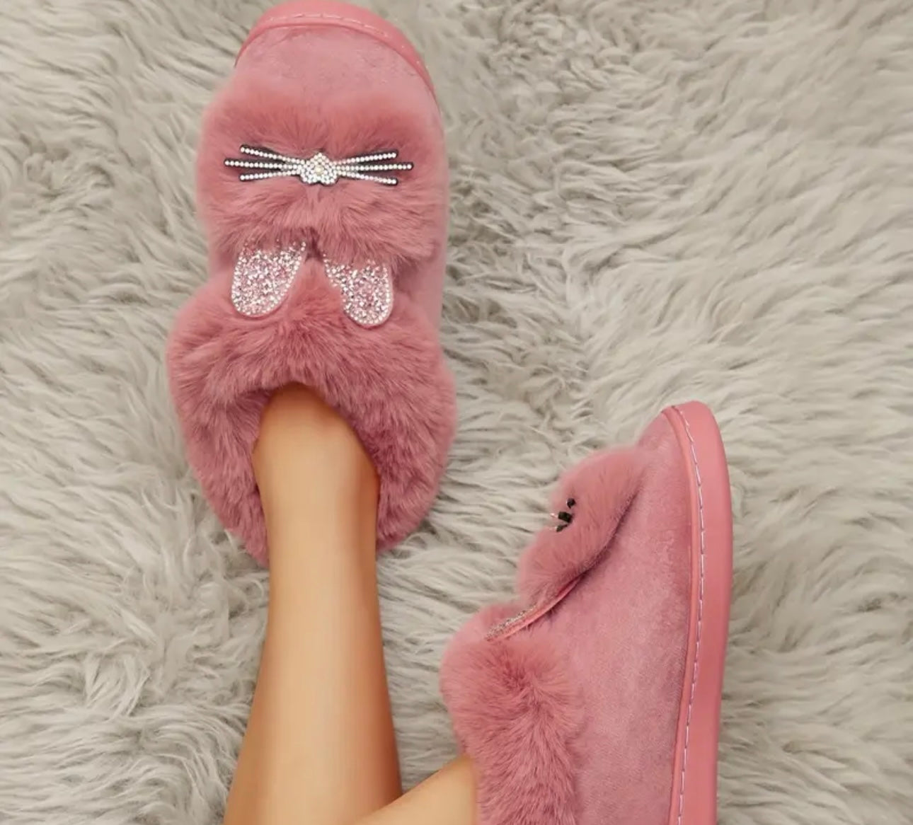 Rhinestone Plush Cat Slippers