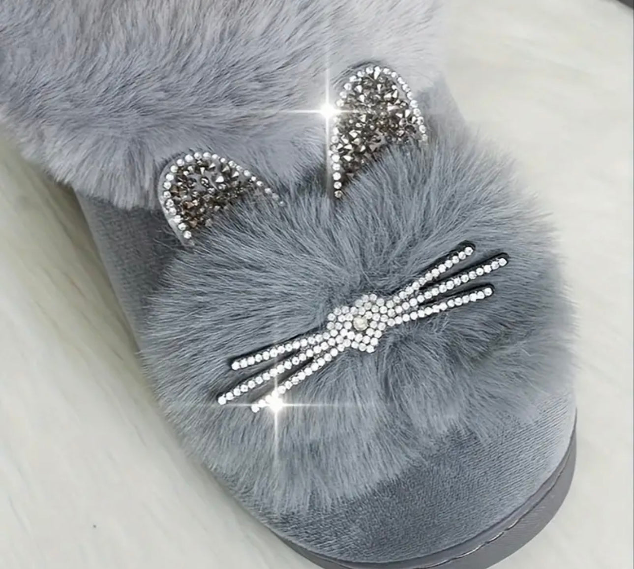 Rhinestone Plush Cat Slippers