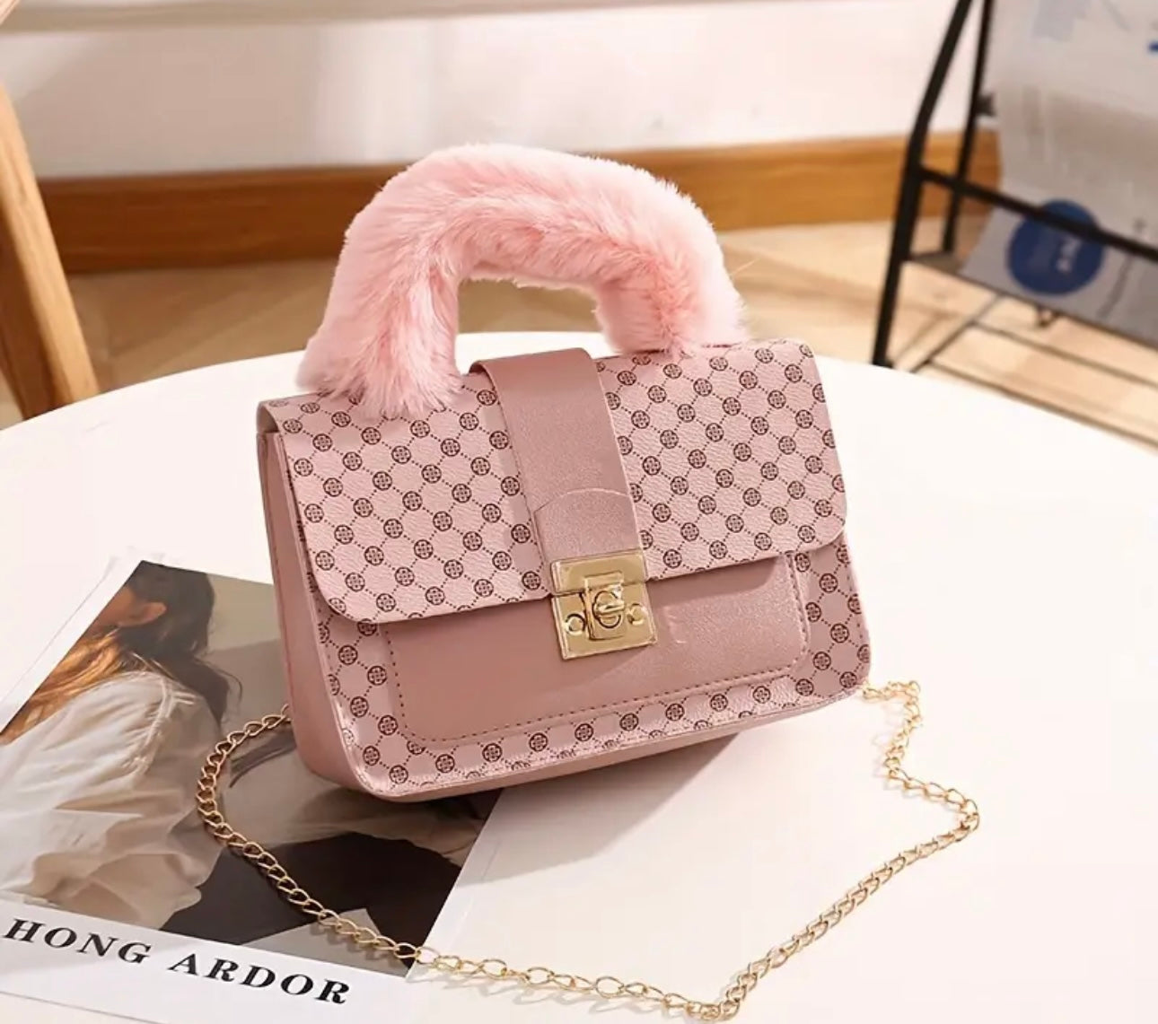 Fashionable Handbag with Faux Fur Handle