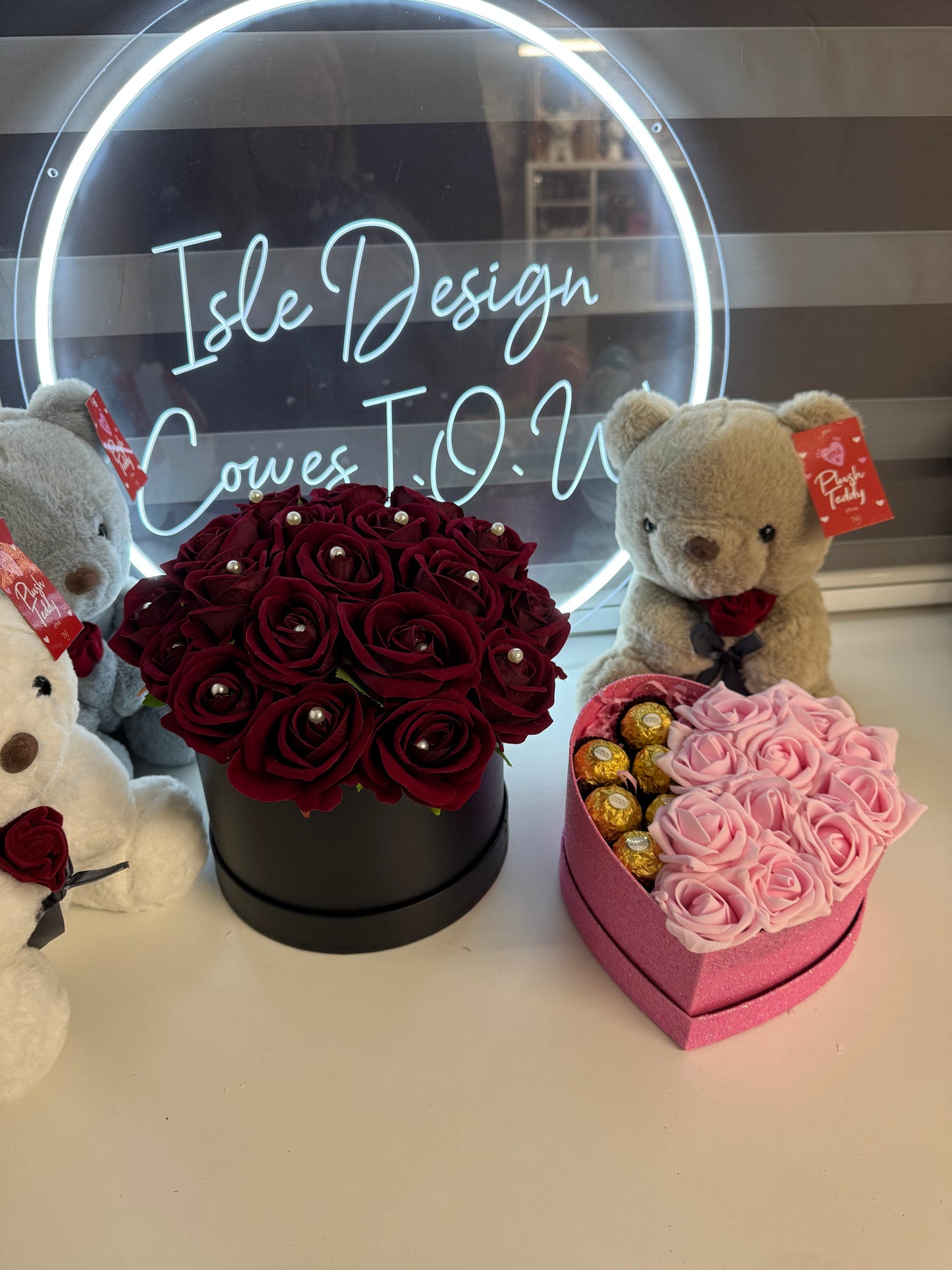 Artificial Dark Red Roses with Pearl Inserts in a Hat Box