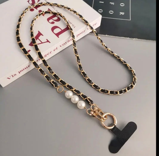 Elegant Pearl Accent PU Leather Phone Lanyard