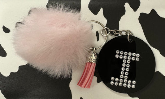 Black Circular Disc with Fluffy Ball and Leather Tassel - Pre Designed with Gemstone Initial