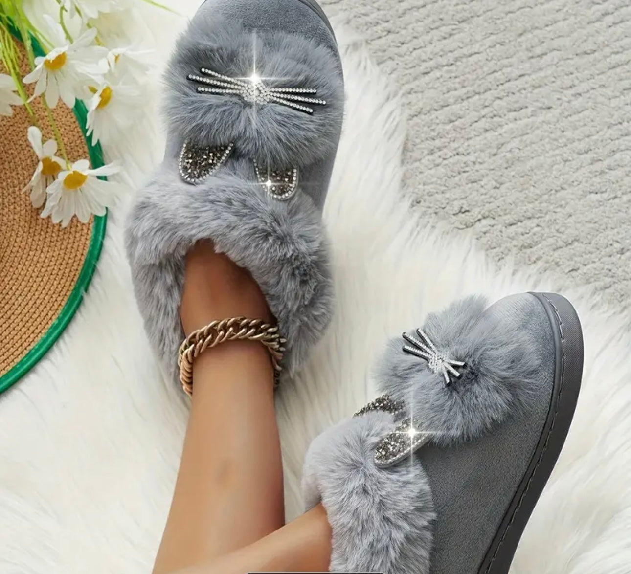 Rhinestone Plush Cat Slippers