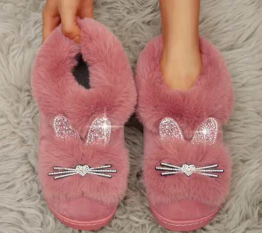 Rhinestone Plush Cat Slippers