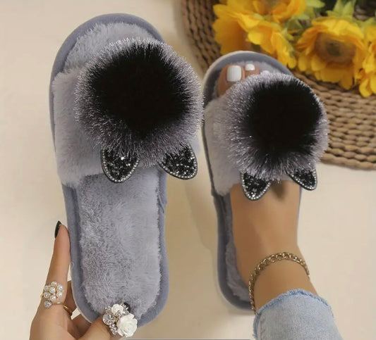 Cozy Pom-Pom Cat House Slippers