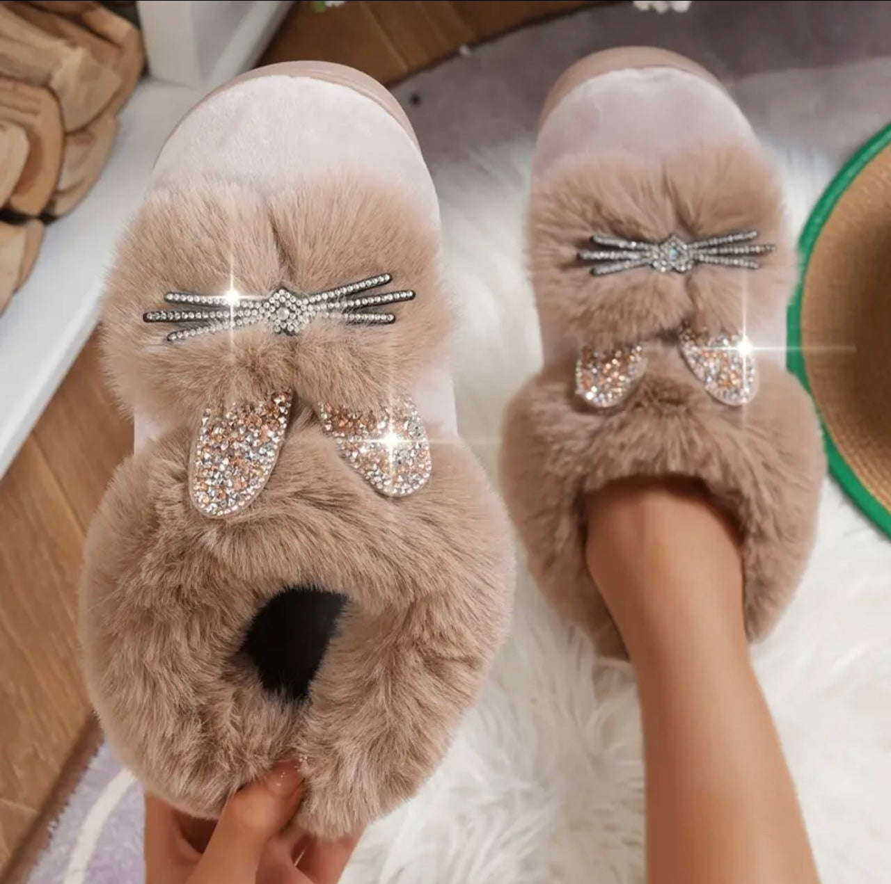 Rhinestone Plush Cat Slippers