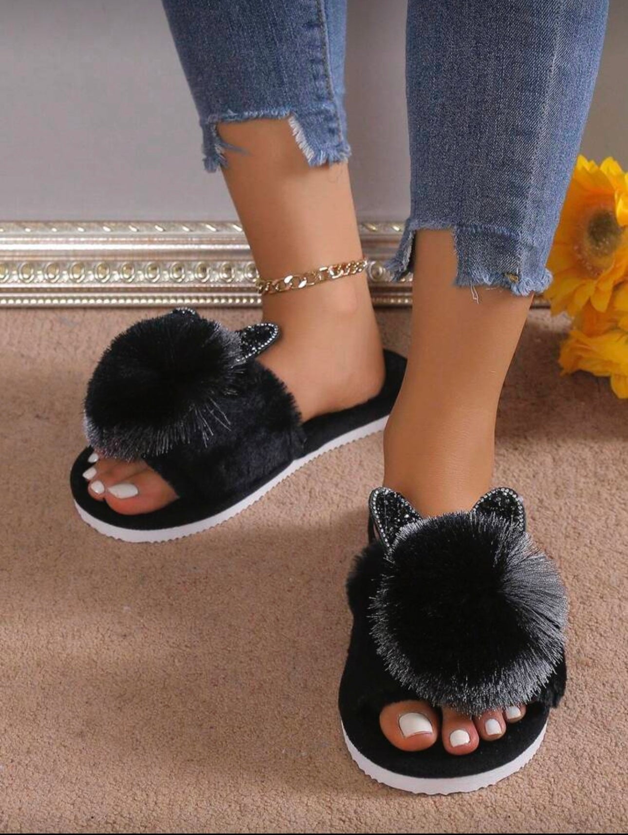 Cozy Pom-Pom Cat House Slippers